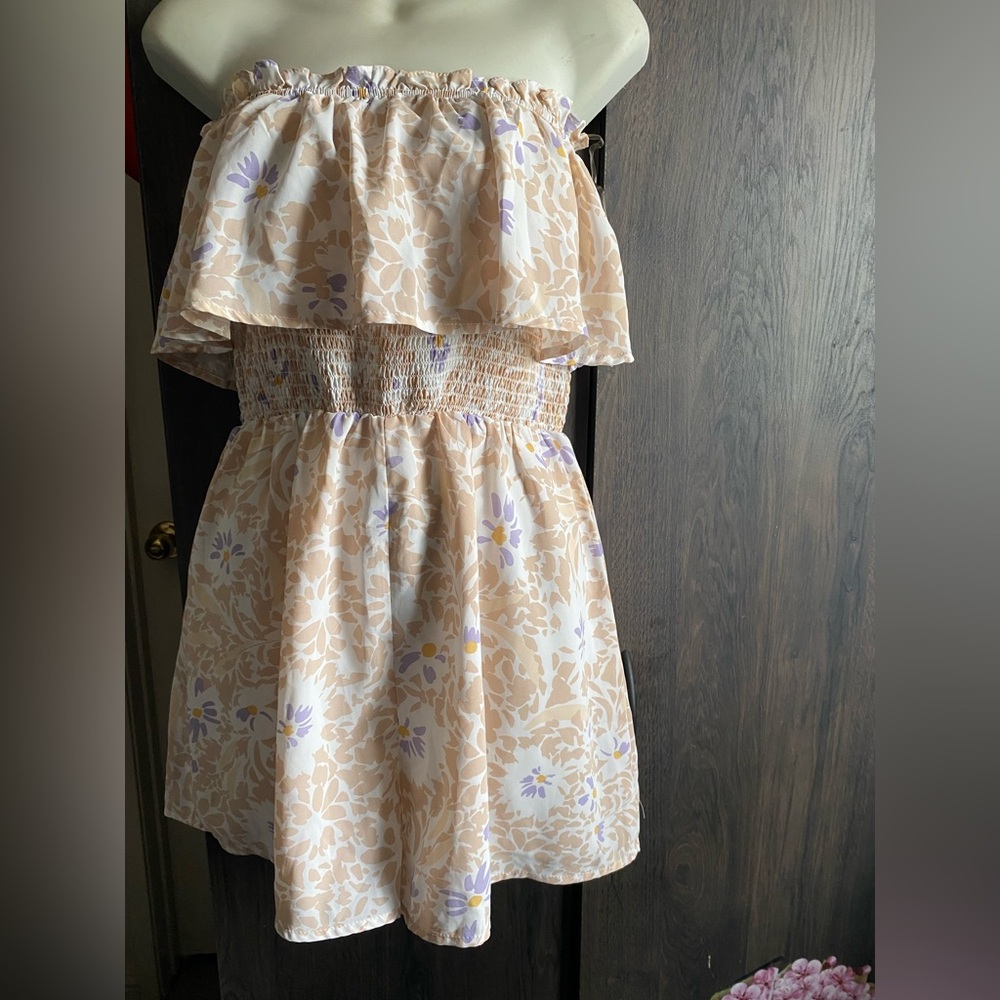Strapless Floral Romper in Cream and Lavender